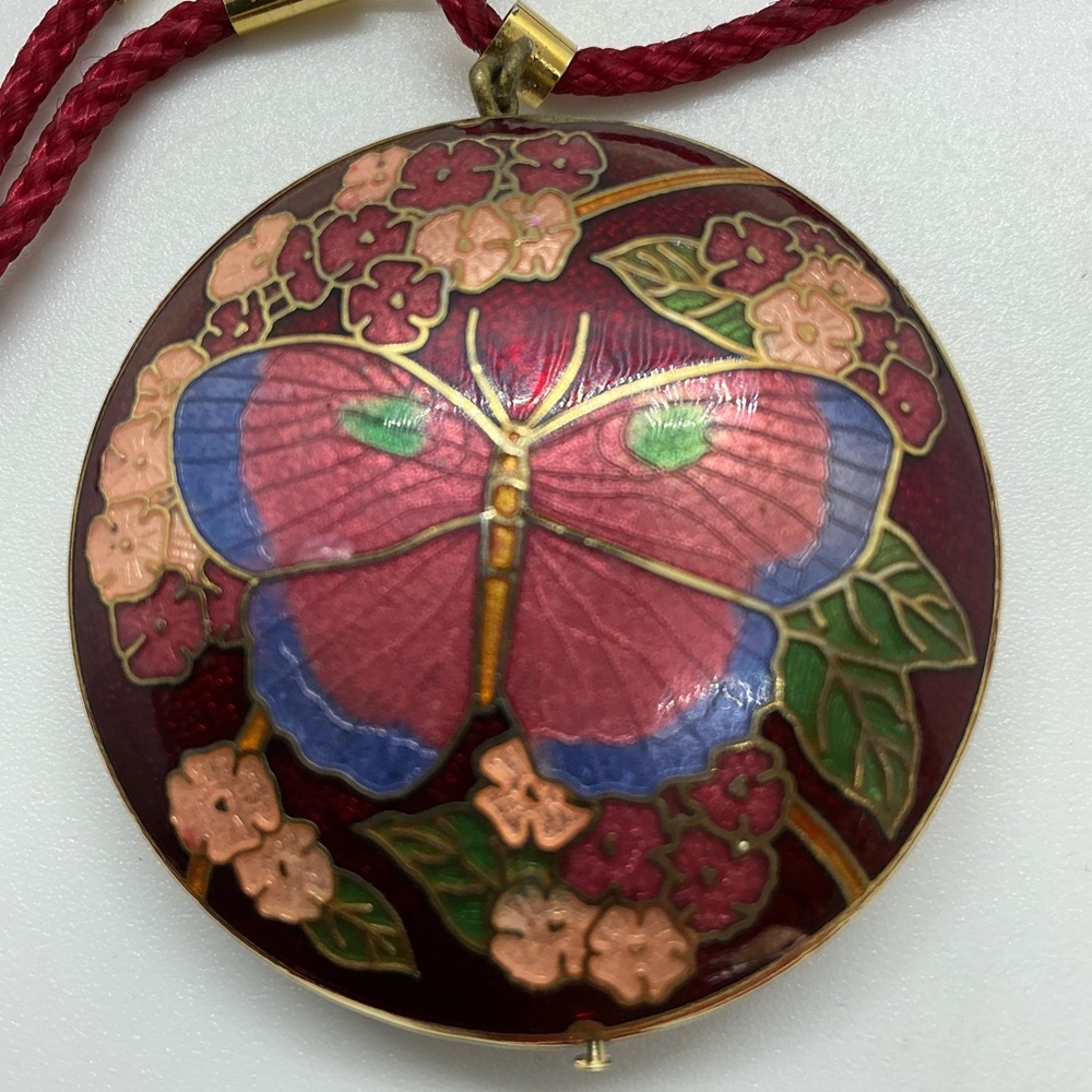 Cloisonne Butterfly Pendant Enamel Red Blue Floral Double Sided Puffy